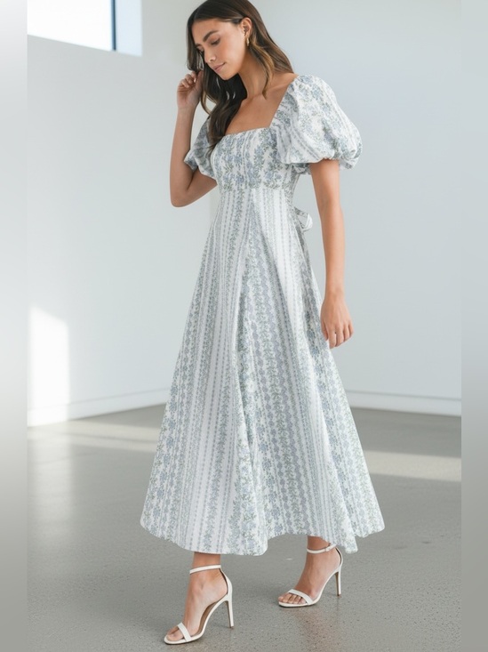 Dresses & Skirts - 208. Square Neck Puff Sleeve Maxi Dress in Soft Blue Floral